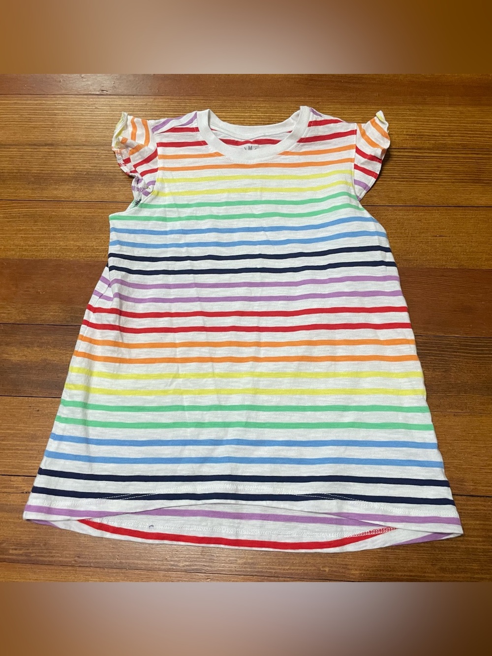 Primary Rainbow Striped Short Sleeve Flutter Sleeve Cotton Tee Shirt Size 8-9